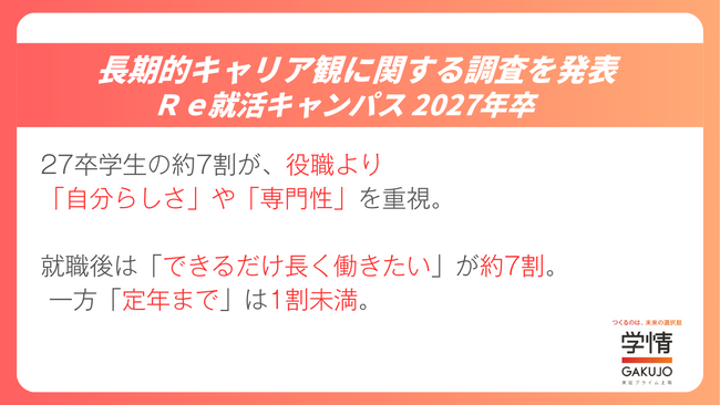 学生は役職や昇進より「自分らしさ」や「専門性」を重視。就職後は「できるだけ長く働きたい」が60.3％、一方「定年まで」は7.0％　【大学3年生、キャリア観調査】