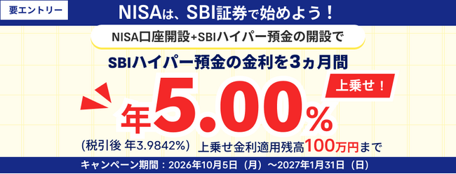 NISA口座開設とSBIハイパー預金の開設で金利年5.00%上乗せキャンペーンを開始